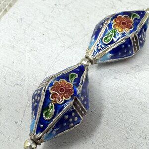 Vintage Blue Cloisonne Enamel Decorative Beads Floral Silver Large